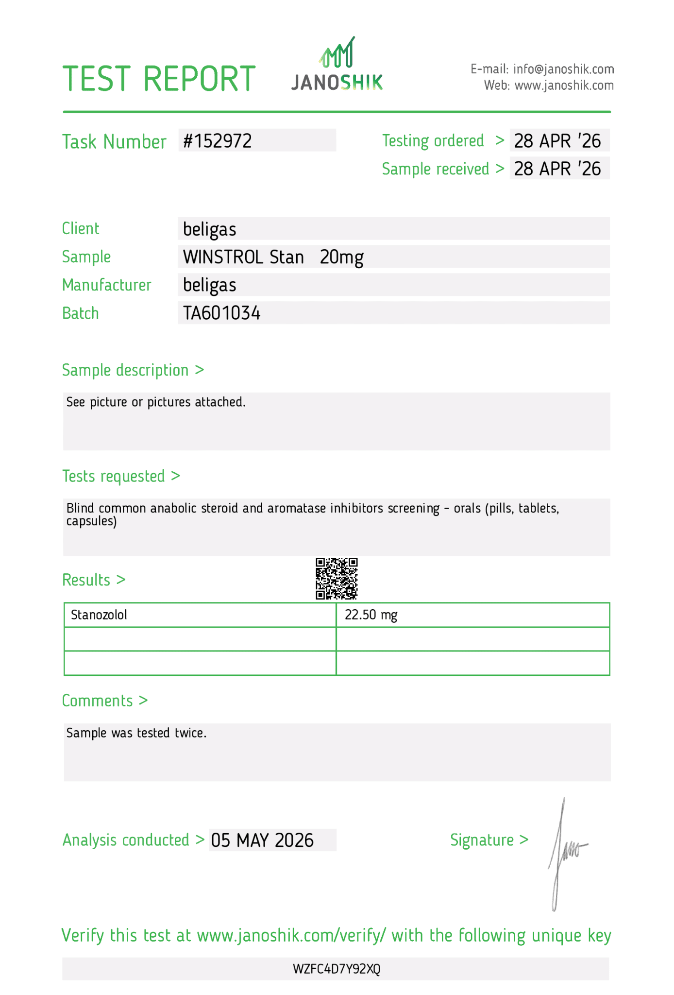 test de laboratoire Winstrol 20 Beligas